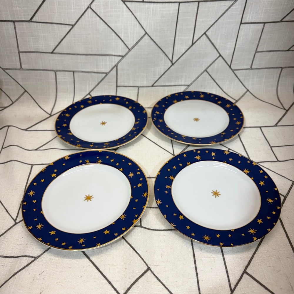 Sakura Galaxy Salad Plates 8" Blue Gold 14k Gold Star Celestial Porcelain Set 4